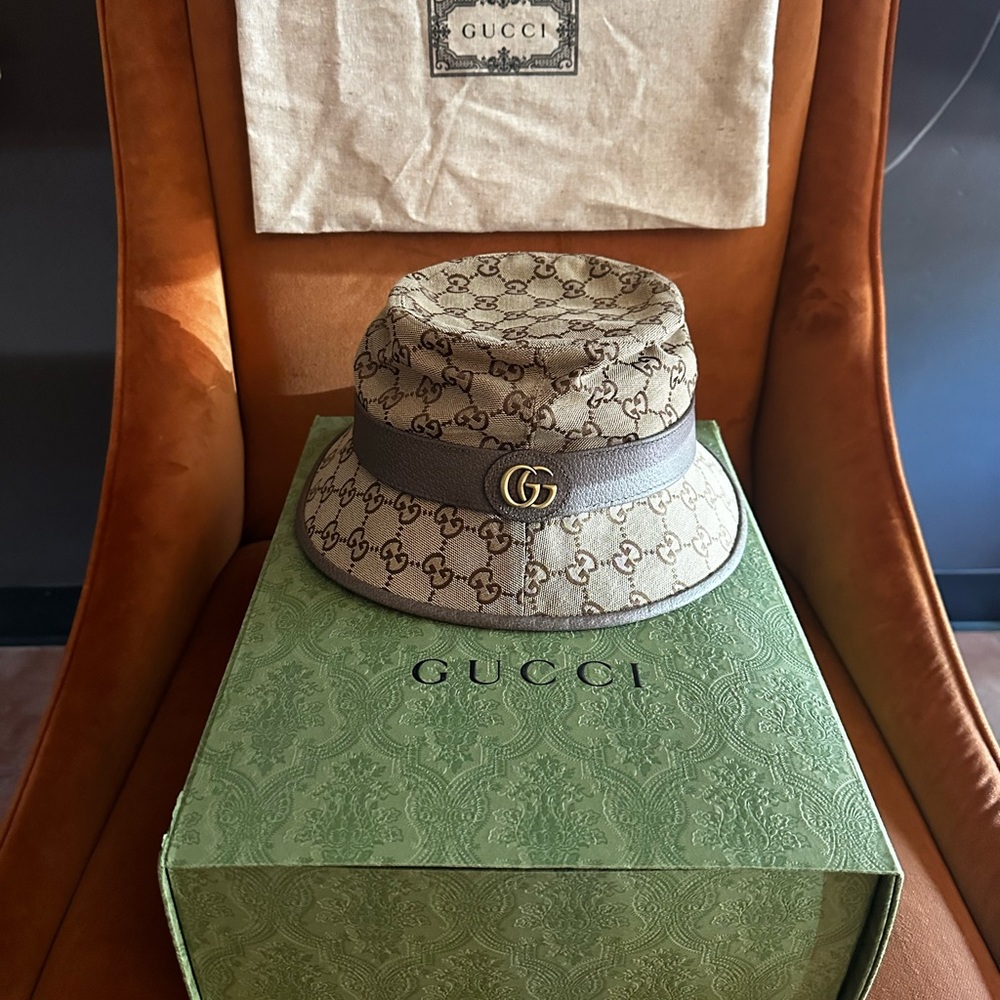 Gucci Beige and Gray Monogram Hat